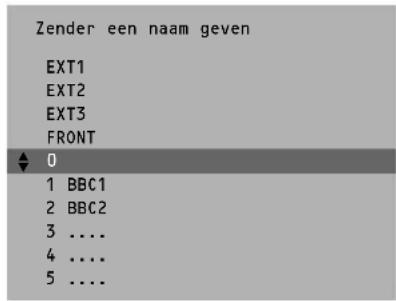 Zender een naam geven EXT1 EXT2 EXT3 FRONT ▲ 0 1 BBC1 2 BBC2 3 .... 4 .... 5 ....