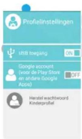 Profielinstellingen USB toegang ON Google account (voor de Play Store en andere Google Apps) OFF Herstel wachtwoord Kinderprofiet