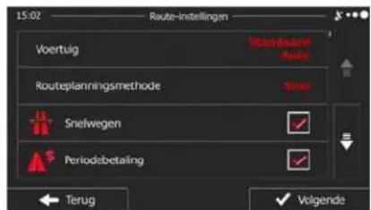 15:02 Route-instellingen Voertuig Standard Auto Routeplanningsmethode Shot Snelwegen Periodebetaling Terug Volgende