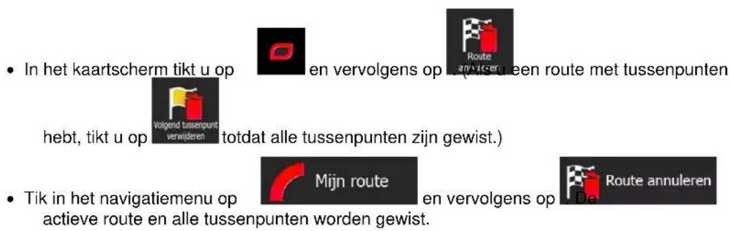 In het kaartscherm tikt u op en vervolgens op (vaniger een route met tussenpunten hebt, tikt u op totdat alle tussenpunten zijn gewist.) Tik in het navigatiemenu op Mijn route en vervolgens op actieve route en alle tussenpunten worden gewist. Route annuleren