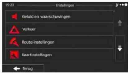 15:23 Instellingen Geluid en waarschuwingen Verkeer Route-instellingen Kaartietellingen Terug