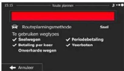 15:15 Route plannier: Routeplanningsmethode Sael Te gebruiken wegtypes ✓ Snelwegen ✓ Betaling per keer Onverharde wegen ✓ Periodebetaling ✓ Veerboten Annuleer