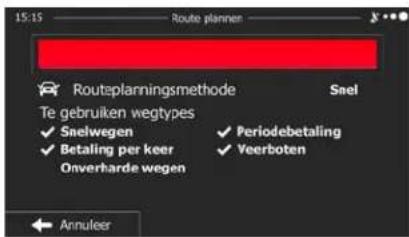 15:15 — Route planner Routesplanningsmethode Snel Te gebruiken wegtypes ✓ Snelwegen ✓ Betaling per keer Onverharde wegen ✓ Periodebetaling ✓ Veerboten Annuleer