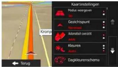 Kaartinstellingen Modus woergeven GO Gezichtspunt Nemssaat Automatisch overzeit AA25 Kleuren AIDS Dagkleurenschema Terug