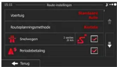 15:15 Route-instellingan Voertuig Standard Auto Routeplanningsmethode Kortete Snelwegen 2 steties 26 km Periodebetaling Terug