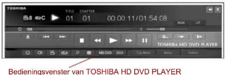 TOSHIBA 8 C 01 01 00:00:11/01:54:08 Mode LR TOSHIBA HD DVD PLAYER Bedieningsvenster van TOSHIBA HD DVD PLAYER