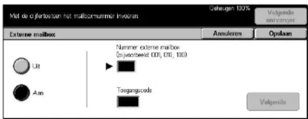 Met de cijfertousten het malboxnummer invoren Gehegen 100% Volgende entvanger Externe mailbox Annuloren Opslaan Nummer externe mailbox (Shijvoorbeeld 001, 010, 100) Torgangscode Volgende