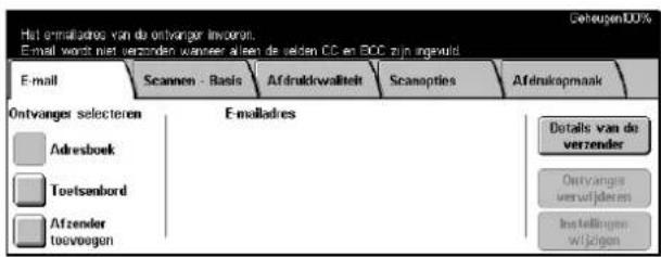 Het enmailadres van de ontvanger invoren. E-mail wordt niet gezonden wanneer al/zen de selden CC en BOC zijn ingeweld E-mail Scannen - Basis Afrikaakwaliteit Scanopties Afrikaopmaak Ontvanger selecteren E-mailadres Adresboek Toetsanbord Afzender toovoogen Details van de verzender Ontvanger verwijderen Instellingen w/lozen
