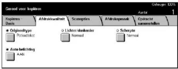 Gorood voor kopieren Gehouge 100% Kopieren - Basis Afdrukkwaliteit Scanopties Afdrukopmaak Opdracht samenstellen • OriginoeType Petloodekt ○ Lichter/donkerder Normal ○ Scherpte Normal ● Auto belichting AAN