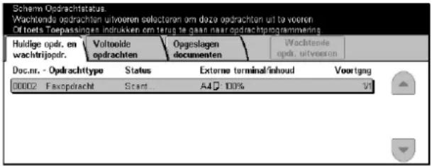 Schamm Opdrachtstatus. Wachtende opdracht en uitvoren selecteren om deze opdracht en te vooren Of toets Toepassings indrukken om terug te gaan naar opdrachtprogrammings Huldige opdr. en wachtrijopdr. Voltoolde opdrachten Opgeslagen documenten Wachtende opdr. uitvooren Doc.nr. - Opdrachttype States Externe terminal/inhoud Voortgang 00002 Faxopdracht Scent... A4 100% Y