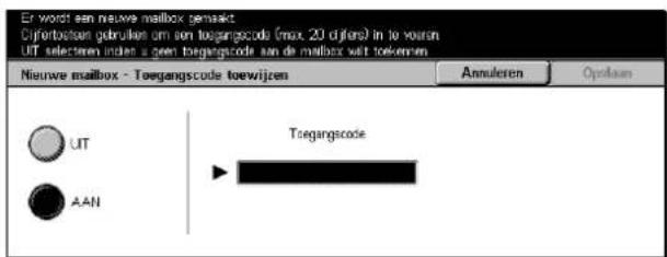 Er wordt een nieuwe mailbox gemaakt Cifertbosten gebruiken om een toegangscode (max. 20 dufors) in te voaren UIT selecteren index s een toegangscode aan de mailbox uit toekken Nieuwe mailbox - Toegangscode toewijzen Annuleren Opotaan UT AAN Toegangscode