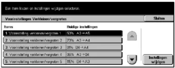 Ein korn klizen on installingen wijdgen selectoren Voorinstallingen Verkleinen/vergroten Items Huidige installingen 1. Voorinstalling verkleinen/vergroten 1 50% A3→A5 2. Voorinstalling verkleinen/vergroten 2 70% A3→A4 3. Voorinstalling verkleinen/vergroten 3 91% B4→A4 4. Voorinstalling verkleinen/vergroten 4 86% A3→B4 5. Voorinstalling verkleinen/vergroten 5 16% B4→A3 Installingen wijdgen