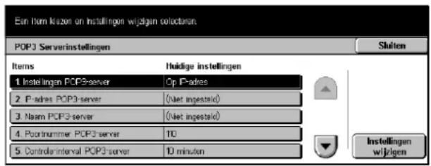 Ein Item kizen on installingen wijdigen selection POP3 Serverinstellingen Items 1. Instellingen POP3-server 2. P-adres POP3-server 3. Nam POP3-server 4. Postnummer POP3-server 5. Controlinterval POP3-server Huidige instellingen Op IP-adres (Niet ingesteid) (Niet ingesteid) TO 10 minuten Shalten Instellingen wijdigen