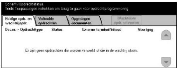 Schemo Opdrachtstatus Toets Toepassingen indrukken om terug to gaan naar opdrachtprogrammering. Huldige opdr. en wachtrijopdr. Voltoolde opdrachten Opgeslagen documenten Wechterde opdr. uitvoren Doc.nr. - Opdrachttype Status Externe terminal/inhoud Voortgang Er zijn geen opdrachten die worden verwerkt of die in de wachtrij staan.