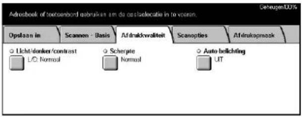Adrechoek of toetsenbond gebruiken om da oeslaelocatie in to voaren. Opsloan in Scannen - Basis Afdrukwaliteit Scanopties Afdrukopmaak ○ Licht/donker/contrast ○ Scherpte ○ Auto belichting L/D Normal Normal UT