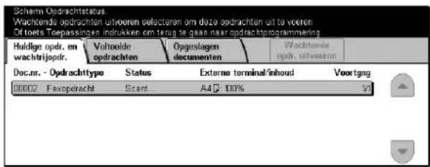 Schaam Opdrachtstatus Wachtende opdrachten uitvoeren selectaren om deze opdrachten uit te voeren Of toets Toepassings indrukken om terug te gaan naar opdrachtprogrammaring Huldige opdr. en wachtrijopr. Voltoolde opdrachten Opgeplagen documenten Vochtende opdr. uitvearen Doc.nr. - Opdrachttype Status Externe terminal/inhoud Voortgang 00002 Favopdracht Scent A4 100% V1