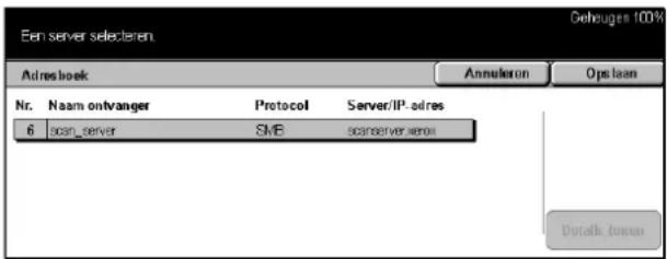 Een server selectaren Deheugers 100% Adres boek Annuluron Ops laan Nr. Naam ontvanger Protocol Server/IP-adres 6 osn_server SMB scanserverseros Details tower