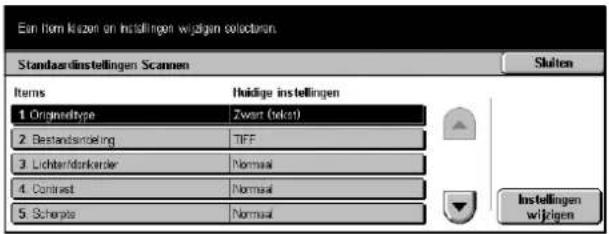 Ein fum kizen on instellingen wijzigen selectoren Standaardinstellingen Scannen Items 1. Originelttype 2. Bestandsmeling 3. Lichterldarkander 4. Contrast 5. Scherpte Huidige instellingen Zwart (wegen) TIFF Normal Normal Normal Shalten Instellingen wijzigen