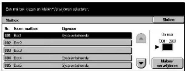 Ean mailbox kiezen on Maken/Vorwijderen selectoren Mailbox Nr. Naam mailbox Eigenaar 001 Box1 Systembeander 002 Box2 003 Box3 004 Box4 Systembeander 005 Box5 Systembeander Shiten Go maar (001 - 200) Maken/ vorwijderen