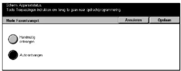 Schem Apparastatus Tools Toepasteingen Indukken om terug to gaan naar opdrachtprogrammering. Mode Faxentvangst Annueren Opslaan Handmuitig entvangen Auto-entvangen