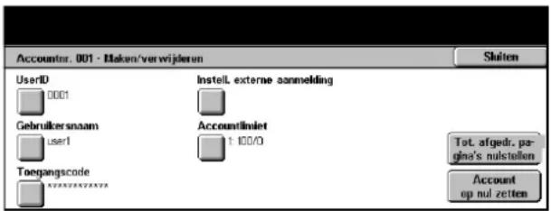 Accountnr. 001 - Maken/verwijderen UserID 0001 Gebruikersnam User1 Toegangscode Install. externe aanmelding Accountlimiet 1:100/0 Tot. afgedr. page's nulstellen Account op nut zetten