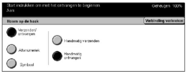 Start indukken om met het ontvangen te beginnen Aan Goheugen 100% Hoorn op de hask Verzenden/ entvangen Altanumeriek Symbol Handmatg verzenden Handmatig ontrangen Verbinding verbrekon