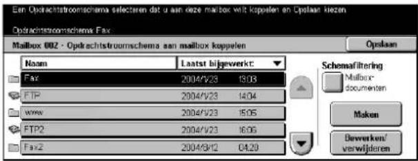Ean Opdrachtstroomschema selecteren dat u aan deze mailbox wit koppelen en Oplaan kiezen Opdrachtstroomschema Fax Mailbox 002 - Opdrachtstroomschema aan mailbox koppelen Oplaan Naam Laatst bijgewerkt Fax 2004/V23 1503 FTP 2004/V23 1404 www 2004/V23 1505 FTP2 2004/V23 1606 Fax2 2004/8/12 04.20 Schemafiltering Mailbox- documenten Maken Derwerken/ verwijderen
