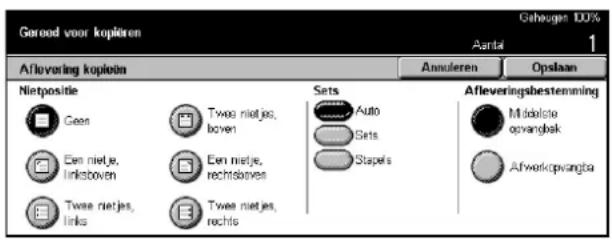 Gorood voor kopieren Aflavoring koploin Nietpositie Geen Een nietje, linkboven Twee nietjes, links Twee nietjes, rechts Twee nietjes, rechts Sets Auto Sets Stapels Aflleveringsbestemming Middalste opvangbak Afwerkopvangba Aantal 1 Aanuleren Opslaan