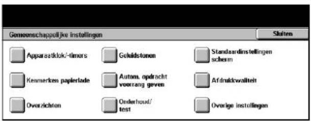 Gemeenschappelijke instellingen Apparaatklok-timers Geluidstonen Standaardinstellingen schem Kenmerken papierlade Autons, opdracht voorzang geven Afdrukwaliteit Overzichten Onderhoud/ test Overige instellingen