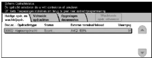 Schem. Opdrachtstatus De opdracht coloctoren de u wilt controleren of annuloren DE toets Tospassingen instrukken om terug te gaan naar opdrachtprogrammesng Huidige opdr. en wachtrijagdr. Voltoolde opdrachten Opgeslagen documenten Wachtunde opdr. uitveeren Doc.nr. - Opdrachttype Status Externe terminal/inhoud Voortgang 00002 Kopiaeropdracht Scant A4 D 100% YI