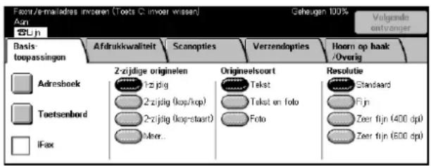 Fontr/emailadres imnseren (Toets C imvoer wissen) Geheugen 100% Volgende ontvanger 25Ljn Basis- toopassingen Afdrukkwaltelt Scanopties Verzendopties Hoorn op haak /Overig Adreshoek Toetsenbord iFax 2-zijdige originelen 1-2-jig 2-zijdig (kop/kop) 2-zijdig (kop-staart) Meer.. Origineelsoort Tekst Tekst en foto Foto Resolutie Standard Fijn Zeer fijn (400 dpi) Zeer fijn (600 dpi)