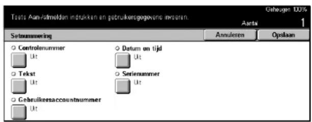 Toute Aam-filmolden indrukken en gebruikersogogovene invoeren. Geheugen 100% Aantal 1 Setnummering Annuleren Opslaan Controlnummer Uit Datum on tijd Uit Tekst Uit Serienummer Uit Gebruikersaccountnummer Uit