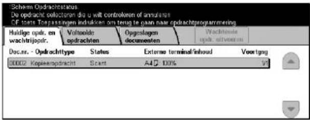 Scherm Opdrachtstatus De opdracht solactoren die u wilt controleren of annularen CF 10% To passlingen indrukken om terug te gaan naar opdrachtprogrammering Huldige opdr. en wachtrijogdr. Voltoolde opdrachten Opgeslagen documenten Wachtrige opdr. afveerim Doc.nr. - Opdrachttype States Externe terminal/ehoud Voortgang 00002 Kopieeropdracht Scant A4 □ 100% Vt