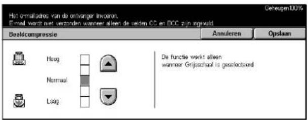 Het e-mailjes van de enhanger invocen. Email wordt niet gezonden wanneer alleen de seiden CC en ECC zijn ingeweld Beeldcompressie Annuleren Opslaan Hoog Normal Læg De functie wordt alleen wanneer Grijsschaal is gassiefectaard