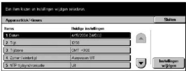 Ein Nom kizen en installingen wijzigen selectoren. Apparastokk/-timers Items 1 Datum 2. Tijd 3. Trijzone 4. Zomer-Teinertijd 5. NTP-tijdynchronelle Huidige instellingen 4/5/2004 (MDU) D256 GMT +900 Aanspssen UIT UIT Staten Instellingen wijzigen