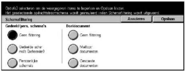 Data(C) filteren om de weorggeven items to beperken on Opslaan Krazen. Het gedelectaende opdrachtstroomschema wordt bearmuleerd under Schemafiltering wordt uitgevoerd Schmelfiltering Annuiteren Opslaan Gedeeld/pers. schema's Doreldocument Geen filtering Mallbox documenten Persoontijke schema's Gescande documenten