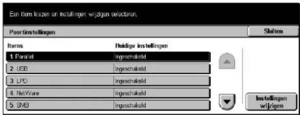 Ean item kizen en instellingen wijzigen selectoren. Poor instellingen Items Huidige instellingen 1. Parallel Ingeschakeld 2. USB Ingeschakeld 3. LPO Ingeschakeld 4. NatWare Ingeschakeld 5. SMB Ingeschakeld Shalten Instellingen wijzigen
