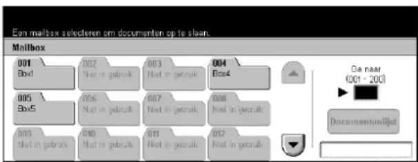 Een mailbox selecteren om documenten op te slaan. Mailbox 001 Box1 002 Net in gebruik 003 Net in gebruik 004 Box4 005 Box5 006 Net in gebruik 007 Net in gebruik 008 Net in gebruik 009 Net in gebruik 010 Net in gebruik 011 Net in gebruik 012 Net in gebruik Ca naar (001 - 200) Documentenlijzet