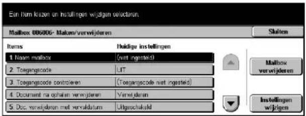 Ean horn kizen on instellingen wijdgen selectoren Mailbox 006006- Maken/verwijderen Shalten Items Huidige instellingen 1. Nam mailbox (vuit ingested) 2. Toegangcode LIT 3. Toegangcode controlen (Toegangcode niet ingested) 4. Document na ophalen verwijderen Vermijderen 5. Doc. verwijderen met veryaldatum Übgeschakeld Mailbox verwijderen Instellingen wijdgen