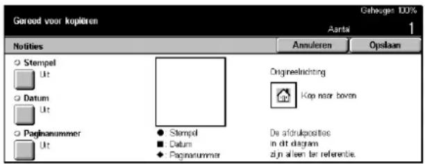Goord voor kopieren Geheugen 100% Aarta 1 Notities Annuleren Opslaan Stempel Datum Pagenummer Origineelrichting Kop naar boxen Stempel Datum Pagenummer De afdrukposties in dit diagram zijn alleen bar referente.