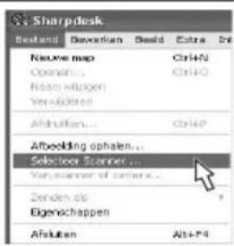 Sharpdesk Name map Open... Room Hidgen Versikoren Afkulture... Abdecking ophalen... Selector Scanner... Versikoren of samers... Zenden als Eigenschappen Afkulture Alt+F4