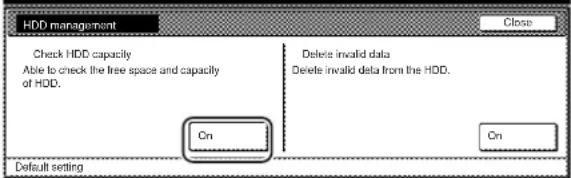 Océ OP1040 - Raak de toets On (aan) onder 'Check HDD capacity' (vaste-schijfcapaciteit controleren) aan de linkerzijde van het - 1