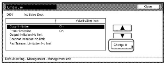 Océ OP1040 - Selecteer 'Printer limitation' (printerbeperking) onder de kolom 'Setting item' (item instellen) aan de linkerkant van het aanraakpaneel en raak vervolgens de toets 'Change #' (nummer wijzigen) aan. - 1