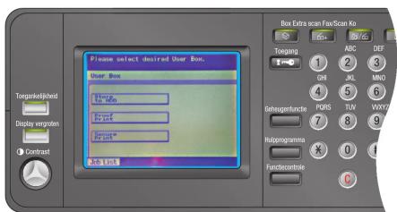 Please select desired User Box. User Box 15 mm 15 mm 20 mm 20 mm Box Extra scan FaxScan Ko Toegang 1 ABC DEF GHI JKL MNO 4 5 6 Gehausgentende PORS TUV WXY 7 8 9 Hidprogramma X 0 1 Fundiecontrole 0 Torgunif/Abbed Display w/mgraten Contrast