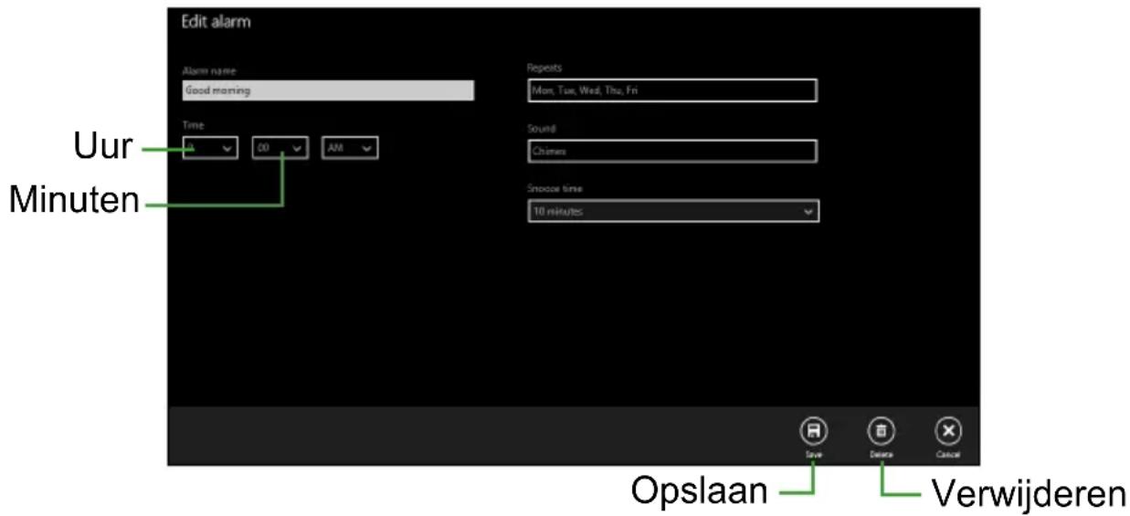 Edit alarm Alarm name: Good morning Repeats Mon, Tue, Wed, Thu, Fri Time 08 20 AM Sound Chines Snoose time 10 minutes Uur Minuten Opslaan Delete Cancel Verwijderen