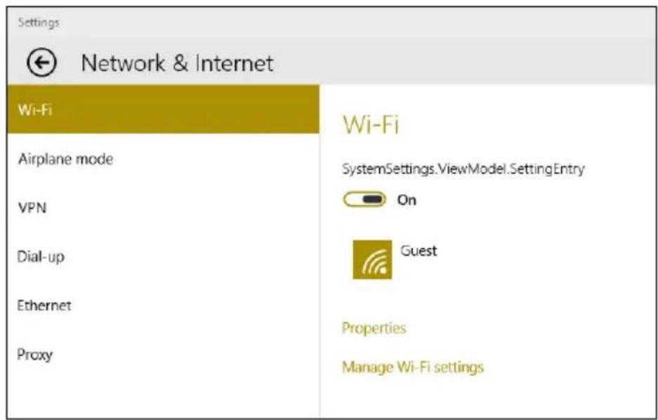 Settings ← Network & Internet Wi-Fi Airplane mode VPN Dial-up Ethernet Proxy Wi-Fi SystemSettings.ViewModel.SettingEntry On Guest Properties Manage Wi-Fi settings