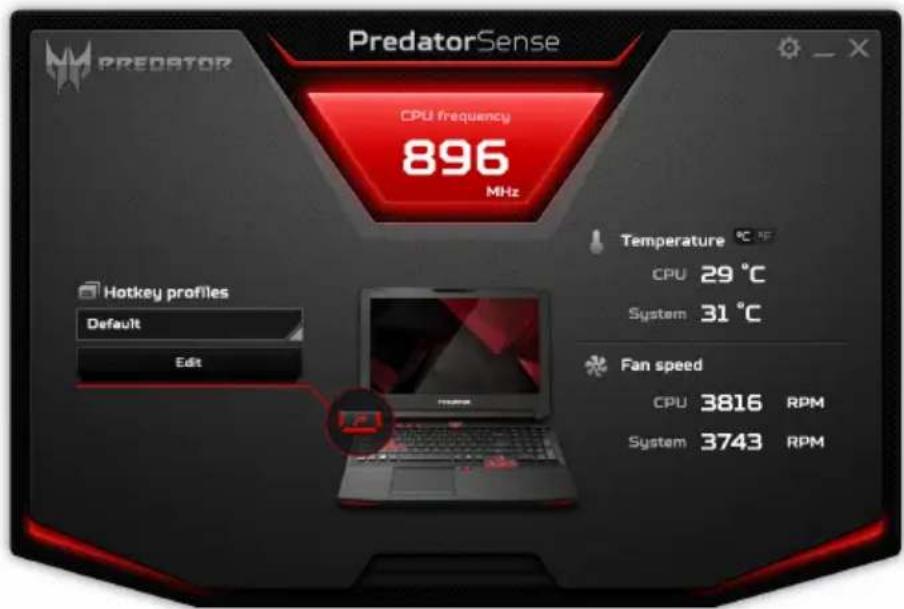 PredatorSense CPU frequency 896 MHz Hotkey profiles Default Edit Temperature °C CPU 29 °C System 31 °C Fan speed CPU 3816 RPM System 3743 RPM