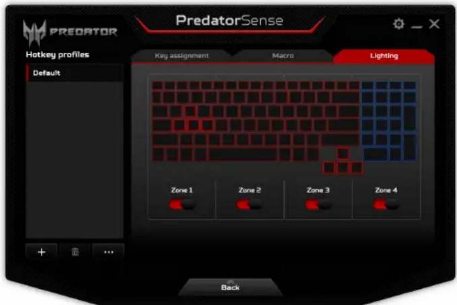 PredatorSense Hotkey profiles Default Key assignment Macro Lighting Zone 1 Zone 2 Zone 3 Zone 4 Back