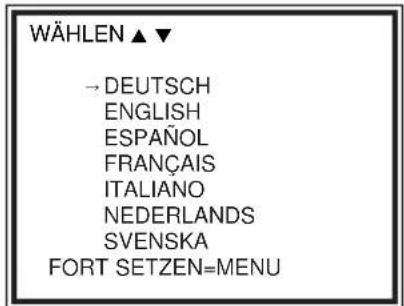 WÄHLEN ▲▼ → DEUTSCH ENGLISH ESPAÑOL FRANÇAIS ITALIANO NEDERLANDS SVENSKA FORT SETZEN=MENU
