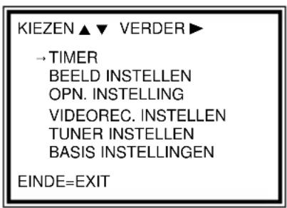 KIEZEN ▲ ▼ VERDER ▶ →TIMER BEELD INSTELLEN OPN. INSTELLING VIDEOREC. INSTELLEN TUNER INSTELLEN BASIS INSTELLINGEN EINDE=EXIT